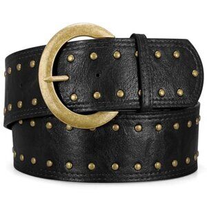 Wide Chunky Studded Leather Belt – 2.3” Vintage Waist Belt with Brass Buckle